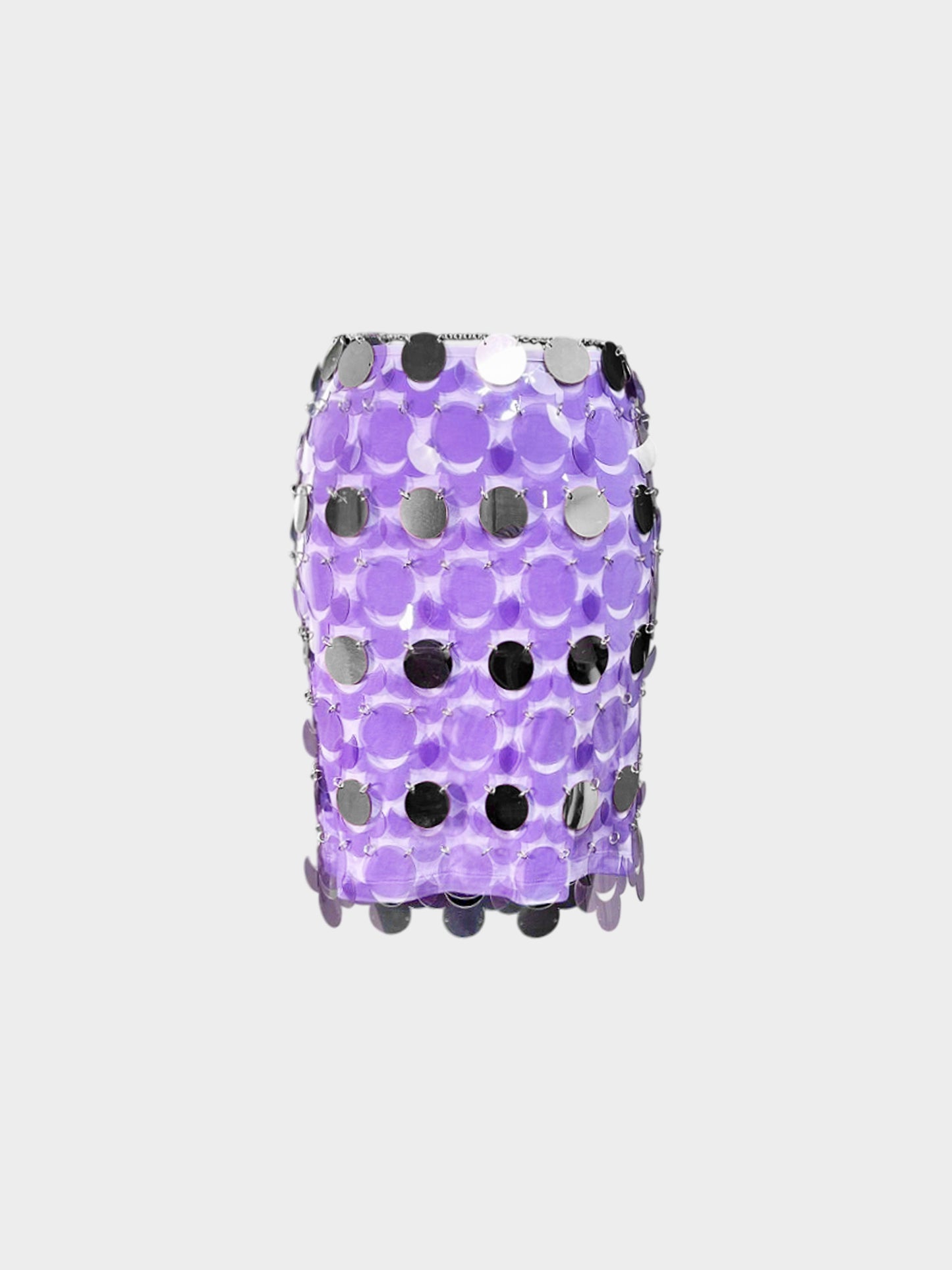 Paco Rabanne SS 2022 Purple PVC and Silver Metal Disc Skirt