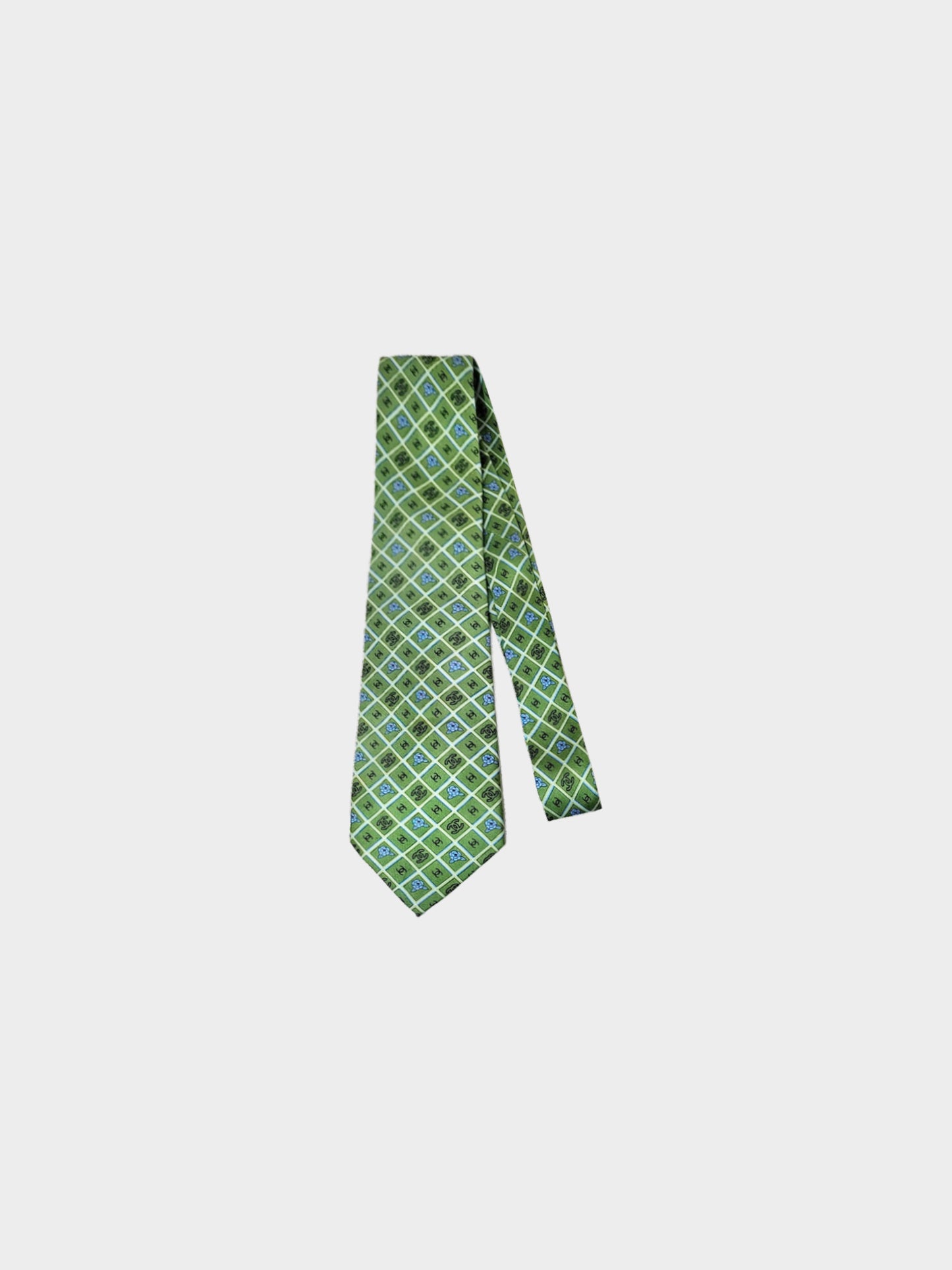 Chanel Fall 2005 Green Camellia and CC All-over Pattern Print Tie