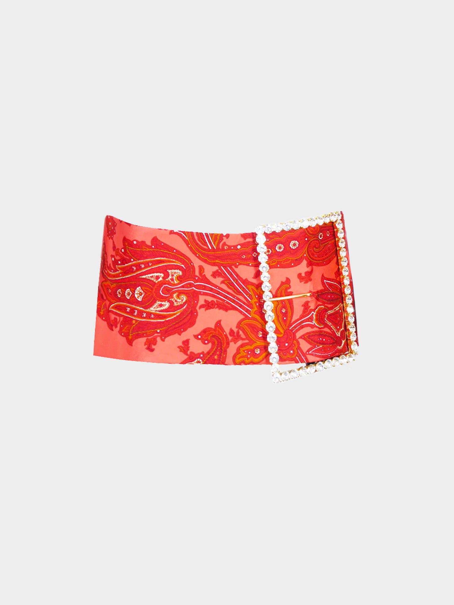 Dolce and Gabbana SS 2000 Runway Red Paisley Print Micro Miniskirt with Swarovski Buckle