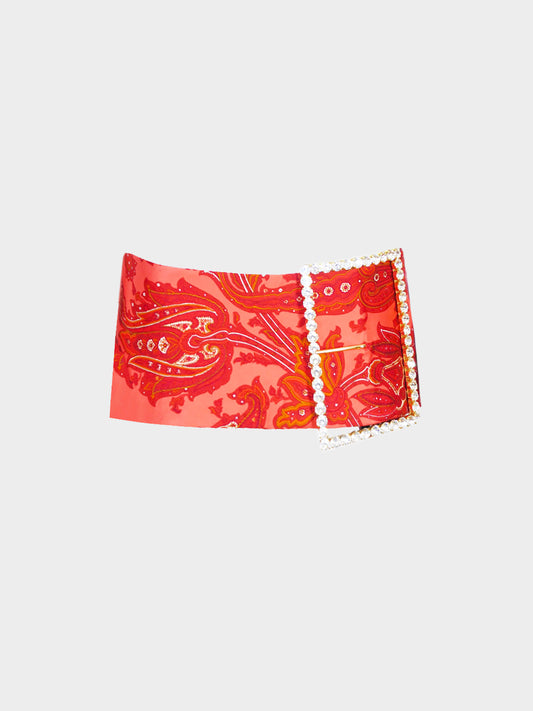 Dolce and Gabbana SS 2000 Runway Red Paisley Print Micro Miniskirt with Swarovski Buckle