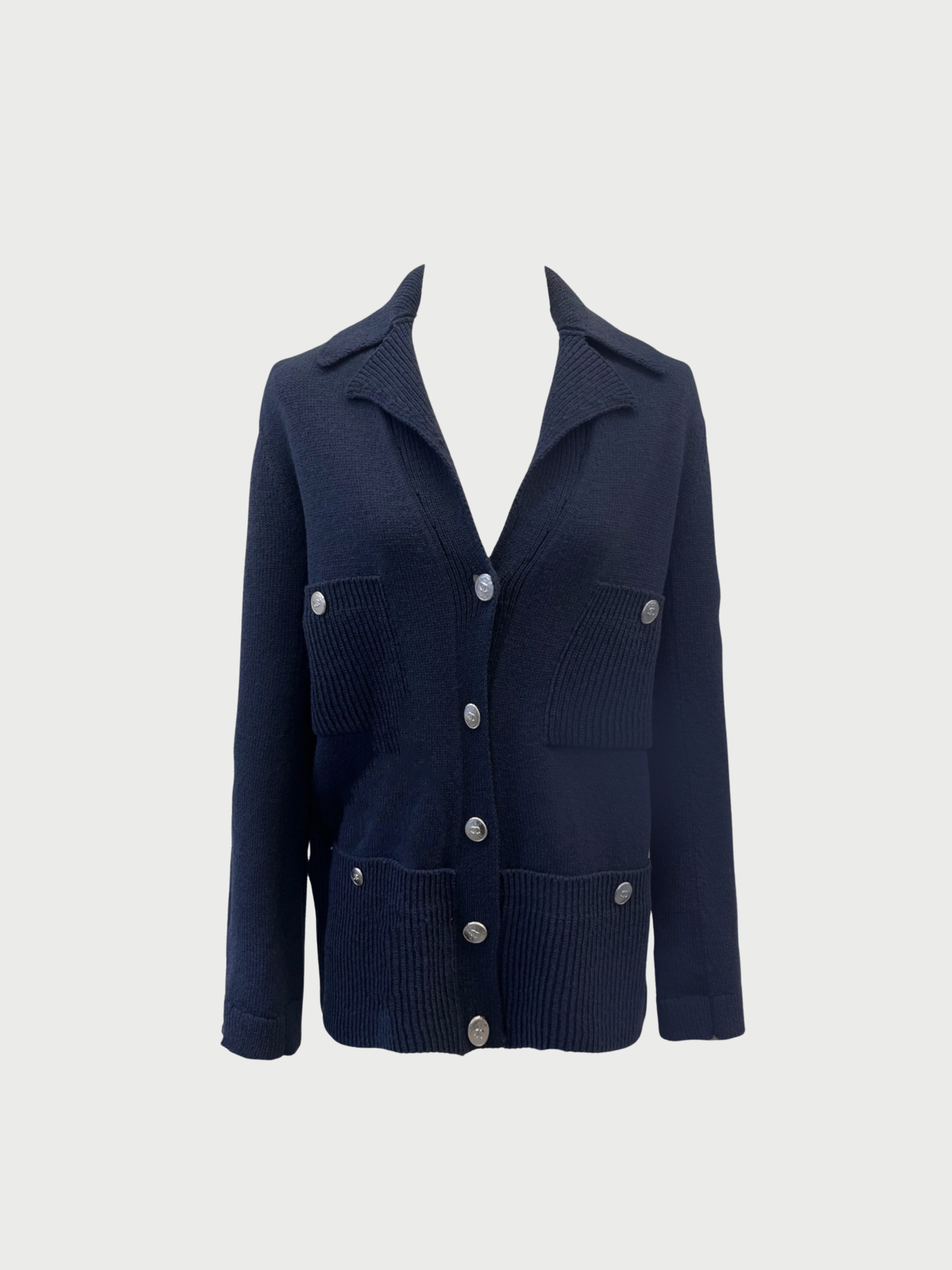 Chanel 2025 Navy Wool Knit 4 Pocket Cardigan