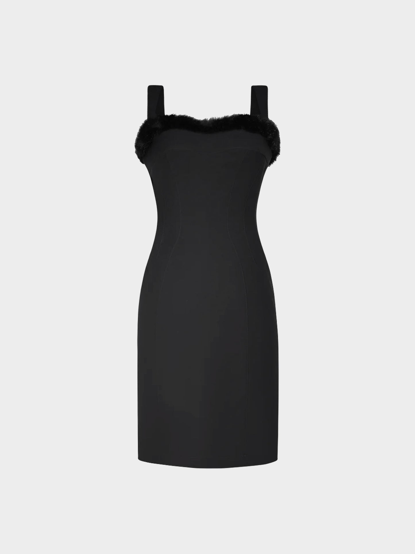 Thierry Mugler 1998 Black Fitted Fur-trimmed Dress