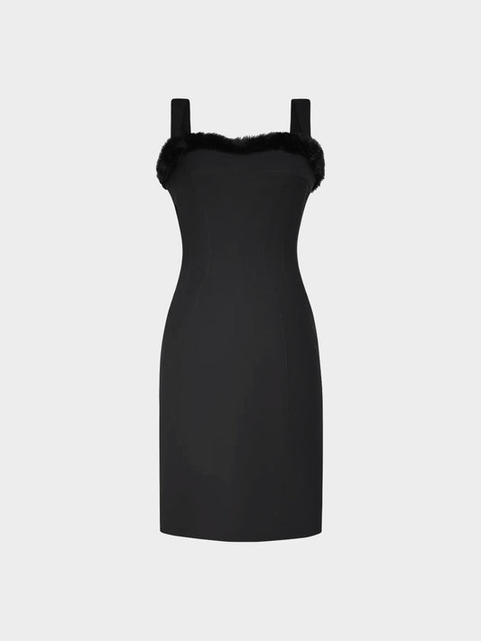 Thierry Mugler 1998 Black Fitted Fur-trimmed Dress