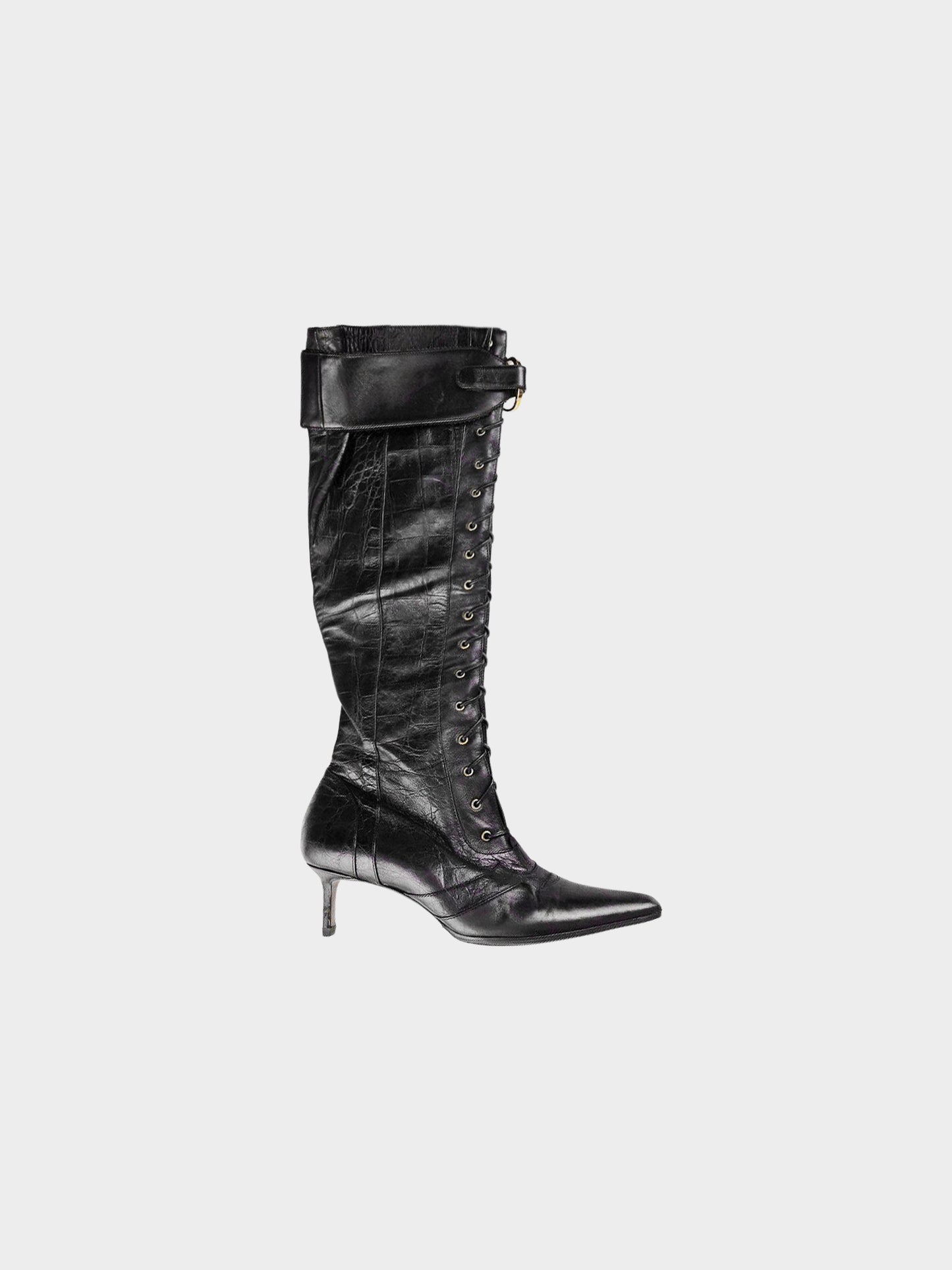 Christian Dior by John Galliano FW 2000 Black Croc Embossed Lace-up Leather Boots