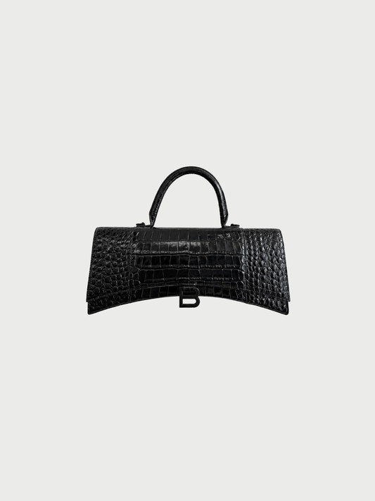 Balenciaga 2020s Black Embossed Croc Leather Hourglass Stretch Bag