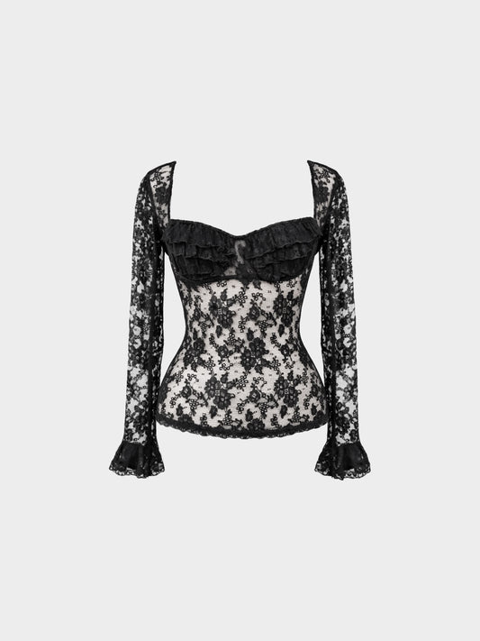 Chantal Thomass 1990s Black Floral Lace Sheer Long-sleeved Top