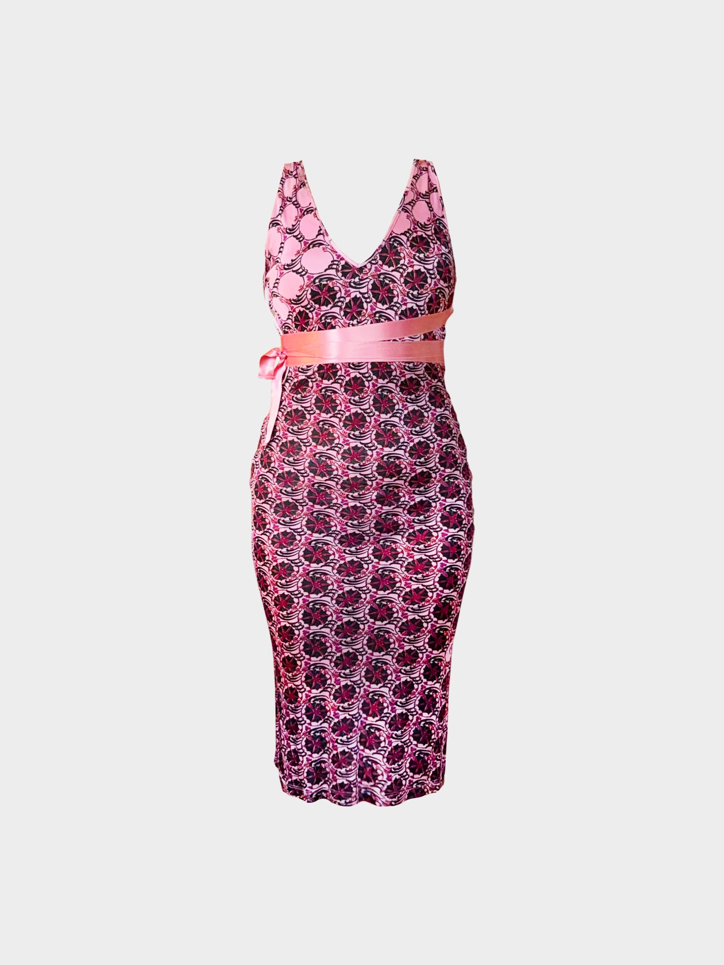 Roberto Cavalli 2000s Pink Abstract Floral Printed Knee-length Dress