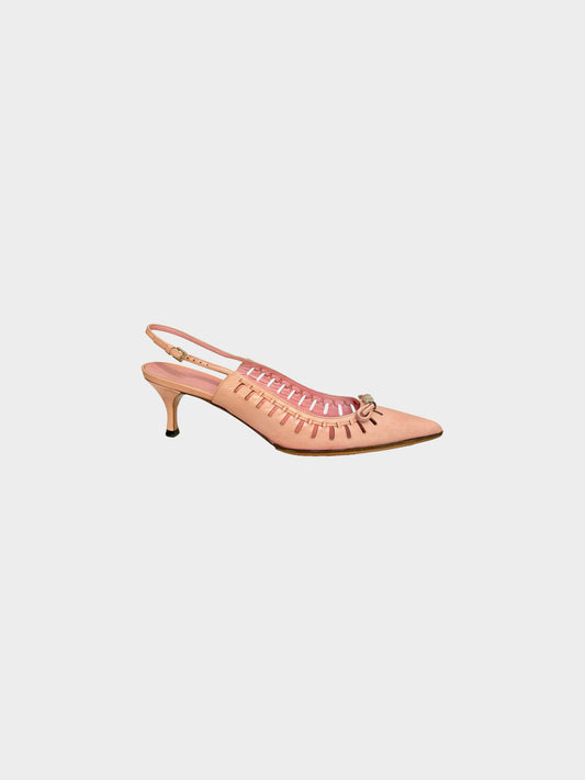 Gucci 2000s Pink Leather Bow and Bamboo Motif Slingback Heels