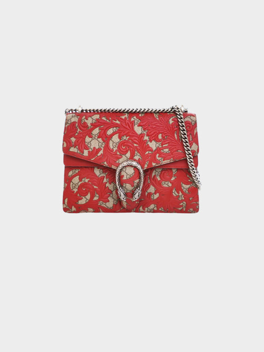 Gucci 2010s Red GG Supreme Monogram Arabesque Medium Dionysus Flap Bag