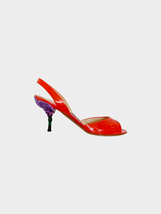 Prada SS 2008 Orange Patent Leather Peep-toe Flower Heels