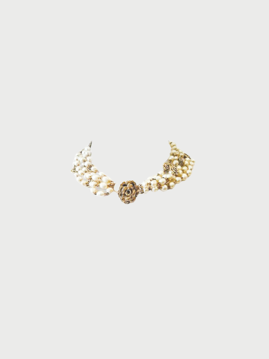 Chanel 1990s Gold Pearl Camellia Multi Strand Necklace