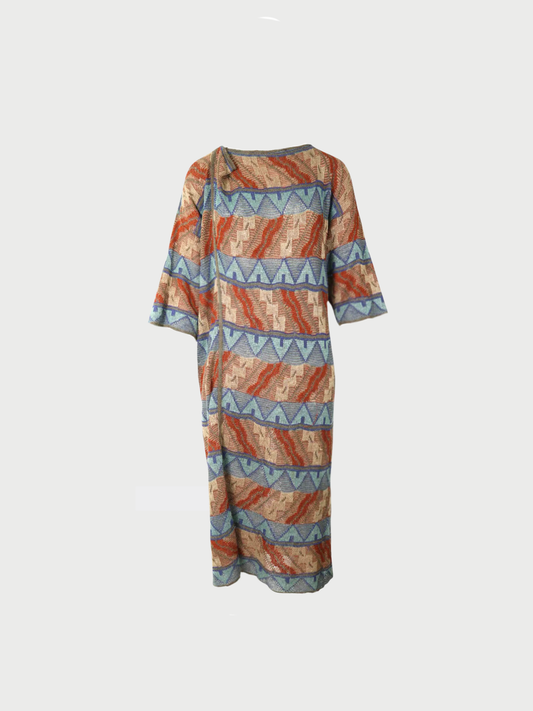 Issey Miyake 1970s Brown Orange Blue Dress