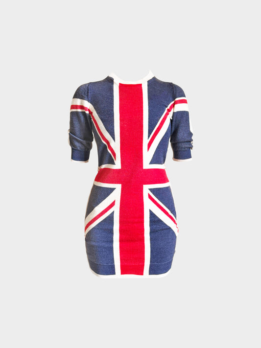 Dolce and Gabbana 2000s Blue and Red Flag Print Knitted Wool Dress