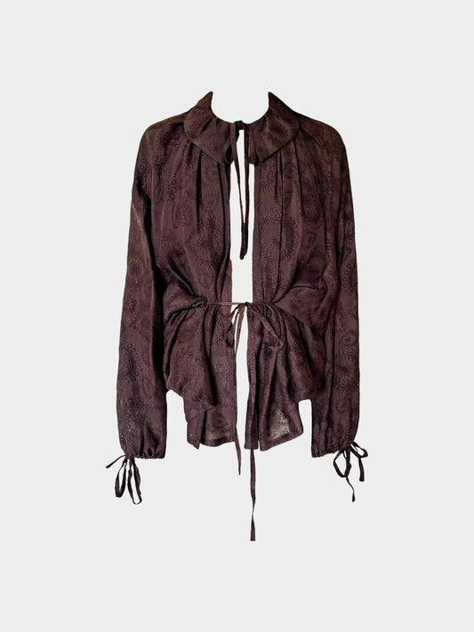 John Galliano 1995 Brown Viscose Indian-inspired Boteh Embroidered Blouse