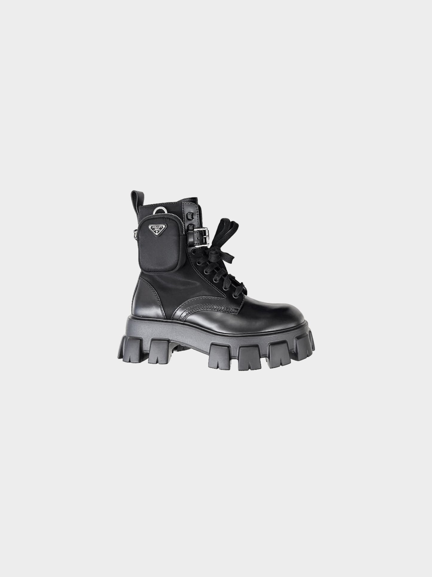 Prada 2022 Black Brushed Leather and Re-nylon Trim Monolith Boots with Pouches