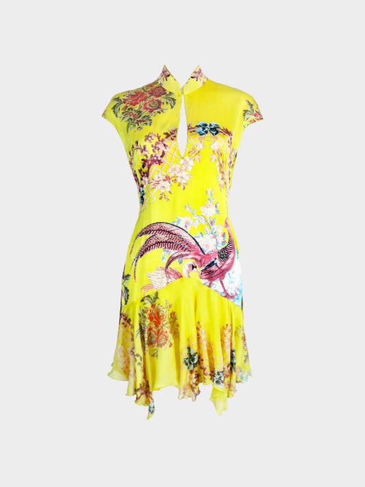 Roberto Cavalli SS 2003 Yellow Silk Bird Patterned Cheongsam Midi Dress