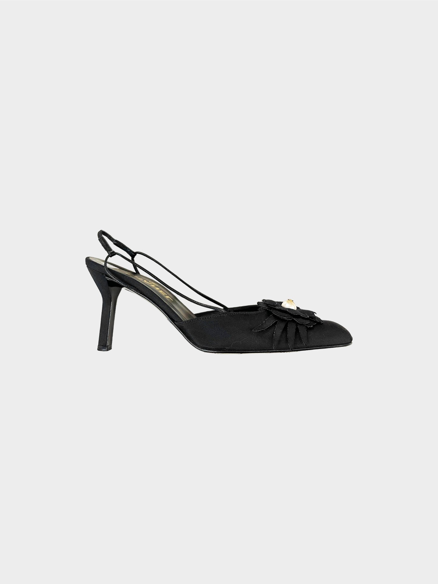 Chanel 2003 Black Grosgrain Camellia Slingback Heeled Mules