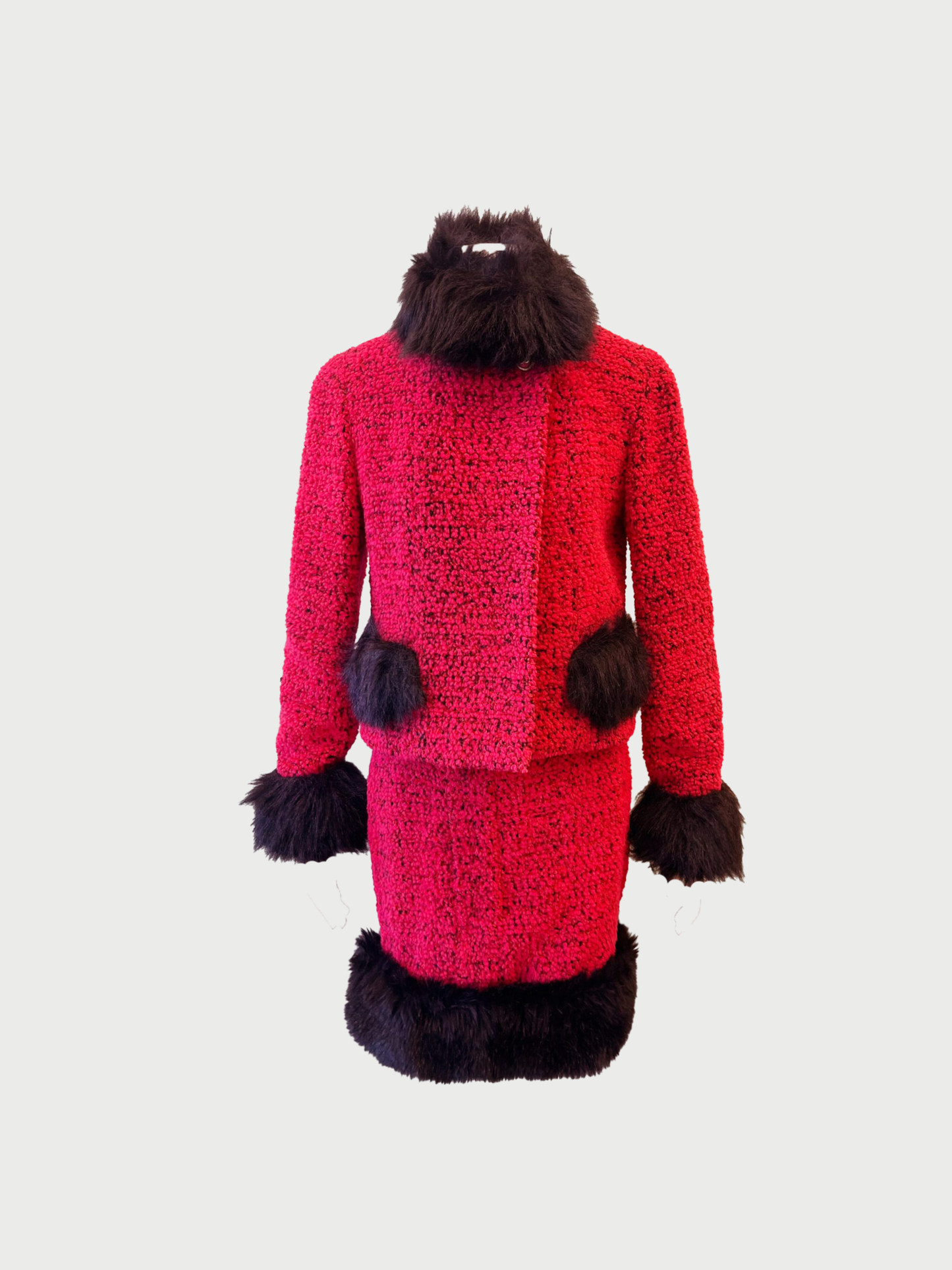Chanel FW 1994 Raspberry Black Tweed Fur Trim Skirt Suit