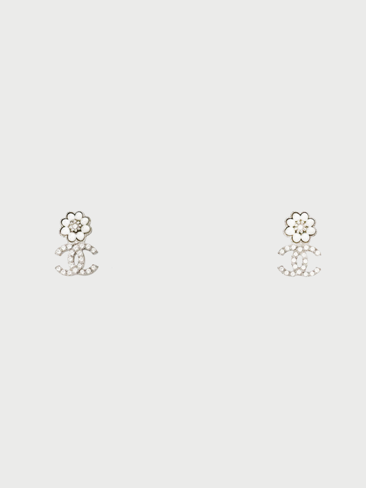 Chanel 2022 Silver Coco Flower Rhinestone Earrings