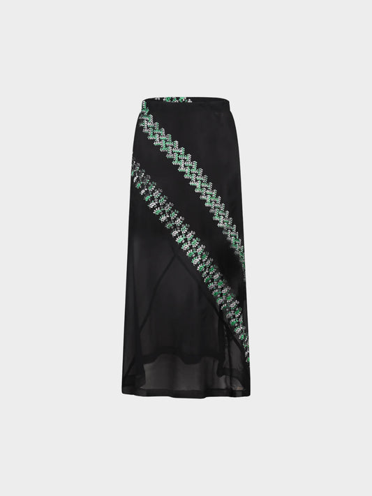 Comme des Garçons 2000s Black Sheer Skirt with White and Green Embroidery