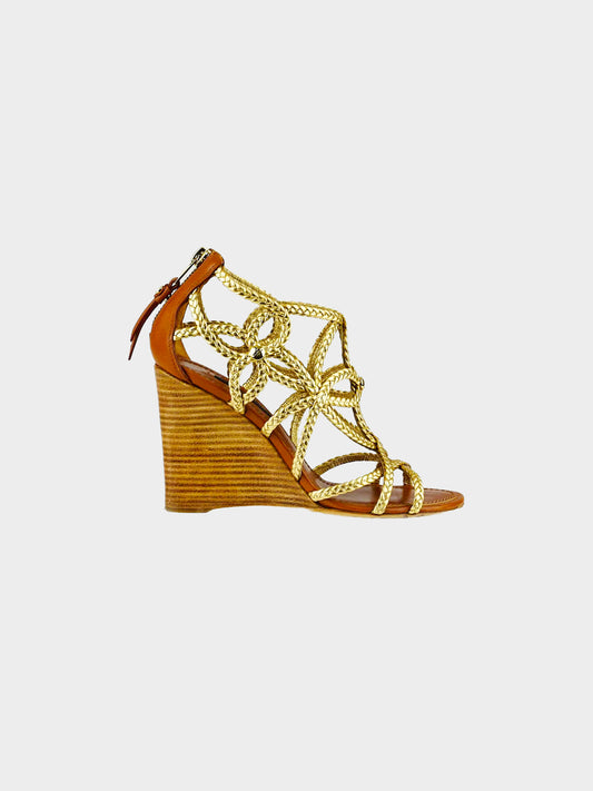 Louis Vuitton 2012 Gold Braided Leather Kilim Wedge Sandals