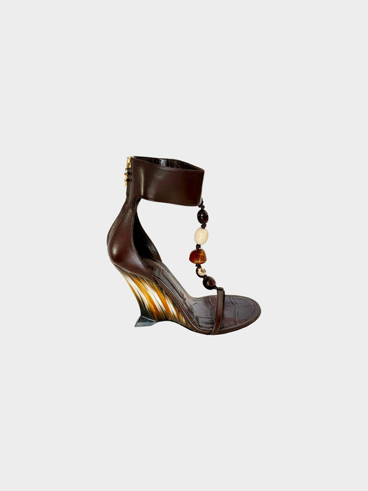 Ferragamo SS 2024 Brown Leather Selene Stone-embellished Wedge Heels