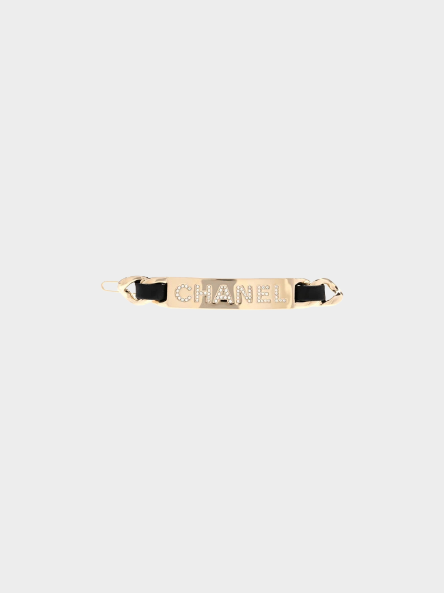 Chanel AW 2020 Gold Black Lambskin Rhinestone Logo Barrette Hair Clip