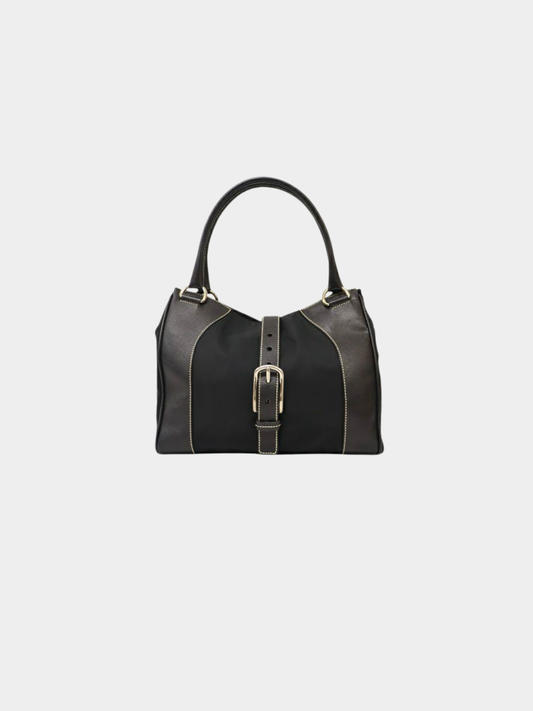 Prada 2000s Black Triangle Logo Nylon Stitch Leather Tote Bag
