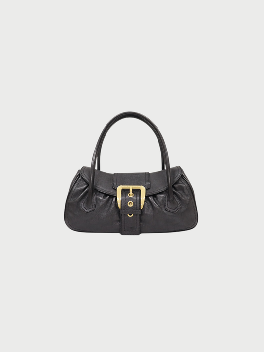 Celine 2000s Black Leather Logo Buckle Handbag