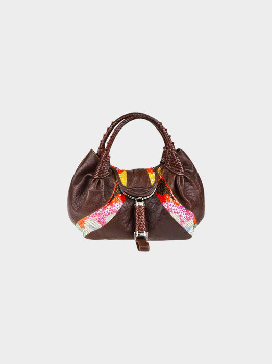 Fendi Mid-2000s Limited Edition Brown Nappa Leather Multicolored Sequins Spy Bag