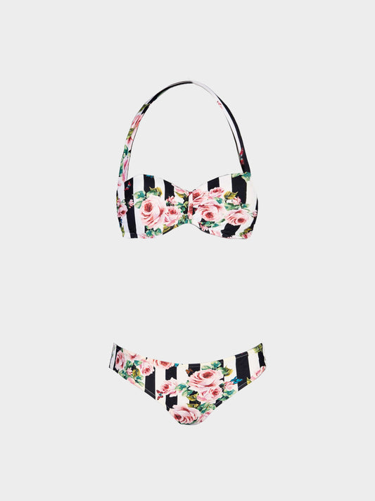 Dolce and Gabbana Late 2010s Black and White Stripe and Floral Print Two-piece Bikini
