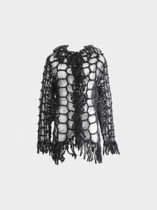 Yoshiki Hishinuma 2000s Black See-through Knitted Wool and Fringed Jacket