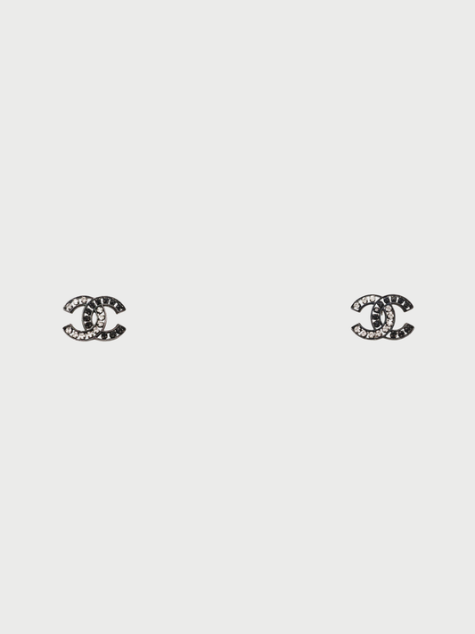 Chanel 2014 Black Plated Metal COCO Rhinestone Earrings