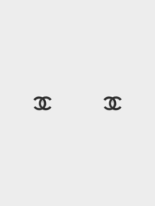 Chanel 2013 Black Leather and Silver Metal CC Stud Earrings