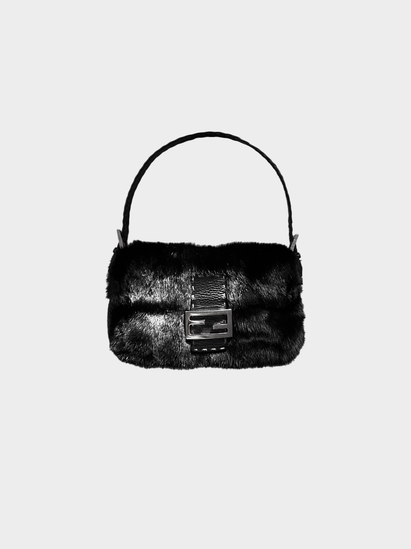 Fendi 2000s Black Mink Fur and Leather Selleria Baguette Bag
