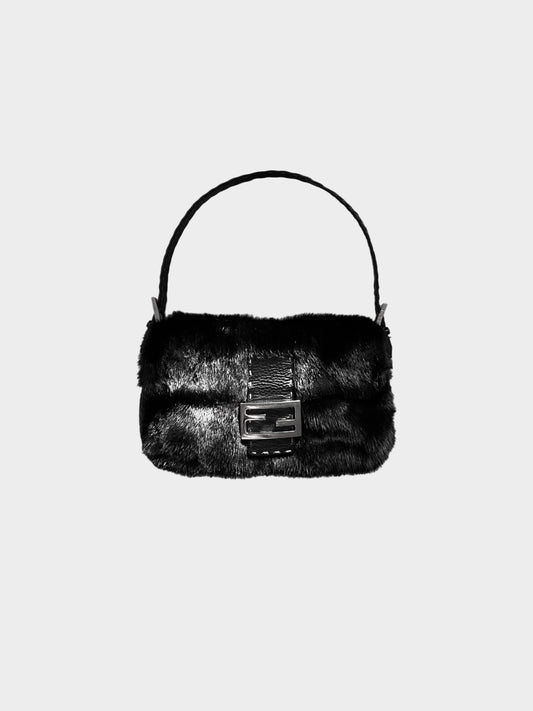 Fendi 2000s Black Mink Fur and Leather Selleria Baguette Bag