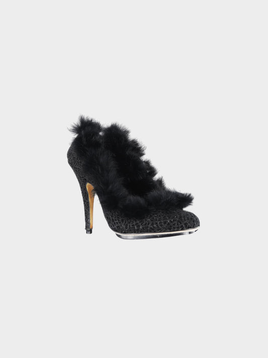 Christian Dior by John Galliano 2000s Black Glitter Fur Trim Heels