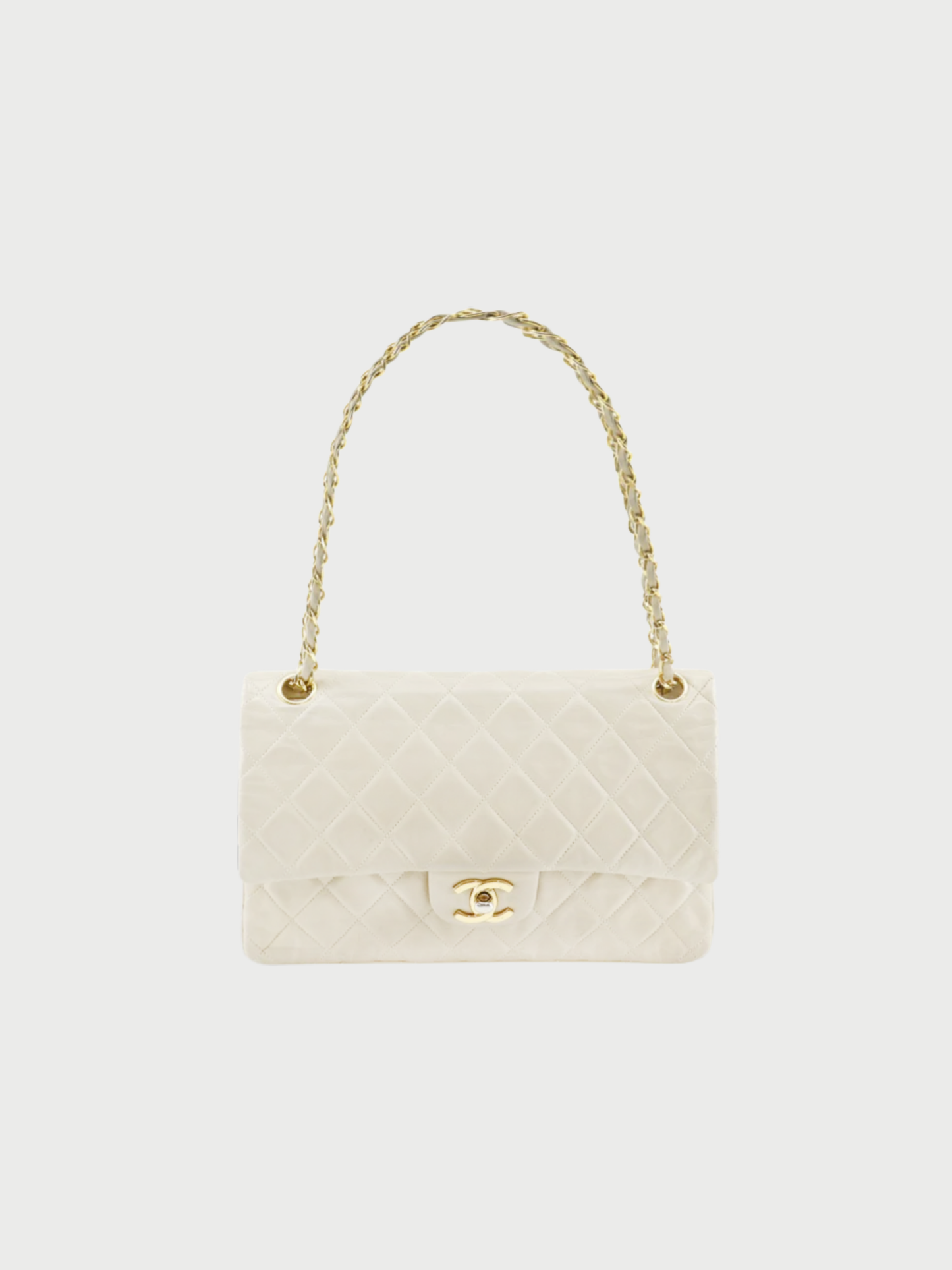 Chanel 2000s Beige Lambskin Matelassé 25 Double Flap Chain Shoulder Bag