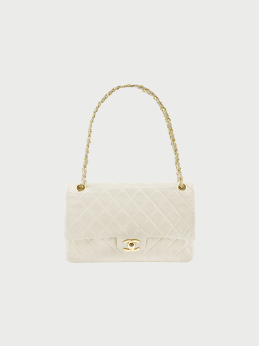 Chanel 2000s Beige Lambskin Matelassé 25 Double Flap Chain Shoulder Bag