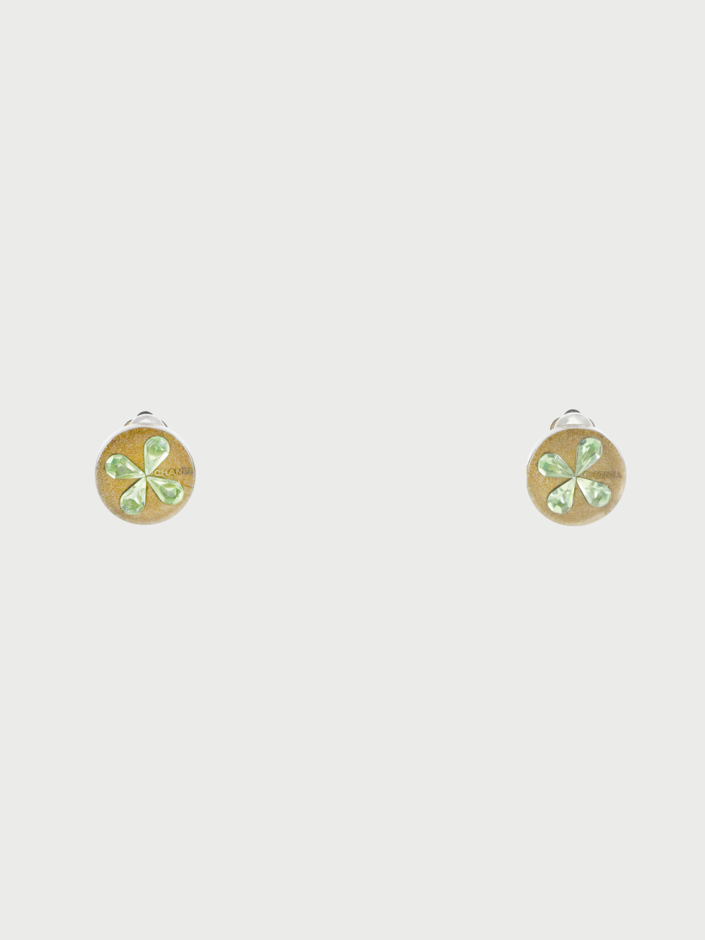 Chanel 2001 Gold Plated Metal Plastic Clover Earrings