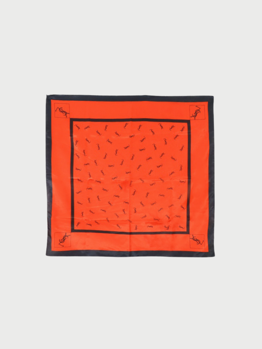 Yves Saint Laurent 1990s Red Black Silk Logo Scarf