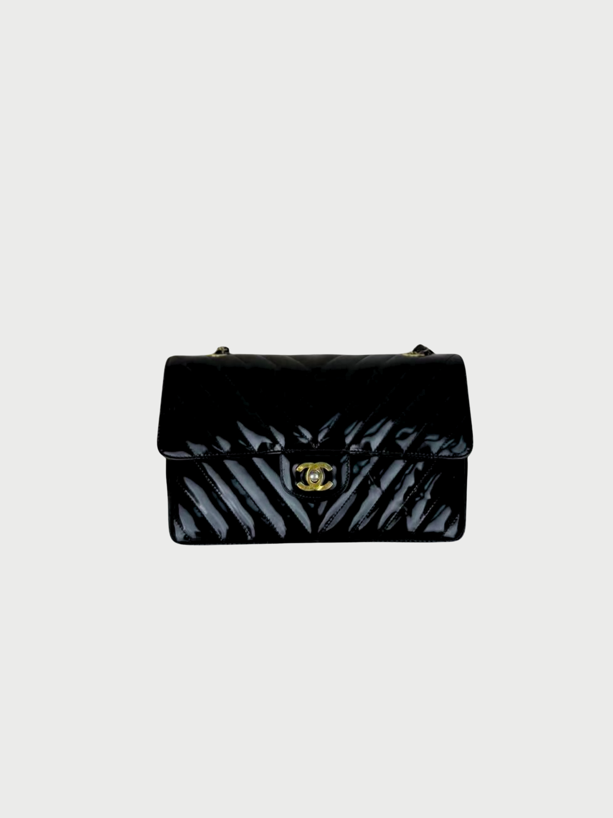 Chanel 2010s Black Patent Chevron Leather Shoulder Bag