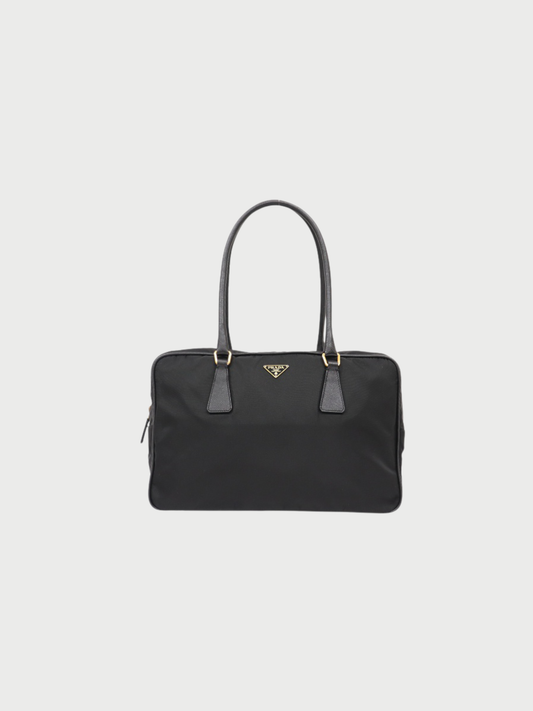 Prada 2000s Black Nylon Leather Triangle Logo Handbag