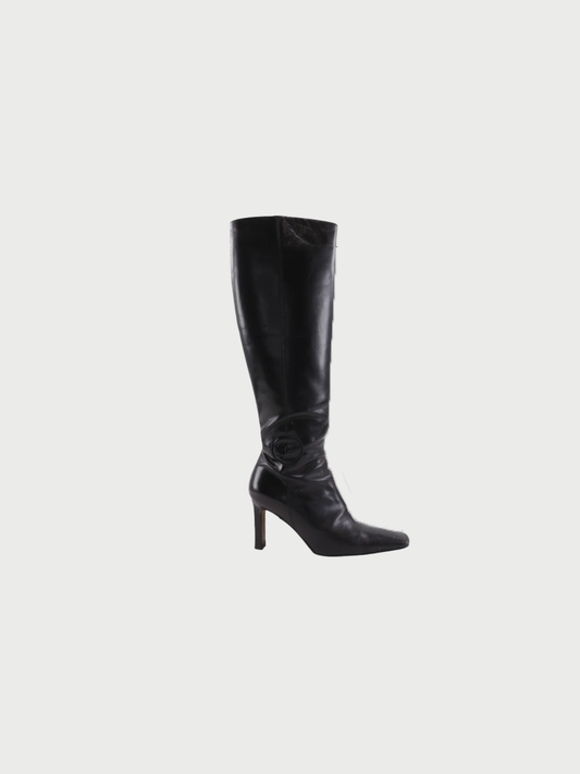 Chanel 2000s Black Leather Buckle Knee-High Boots