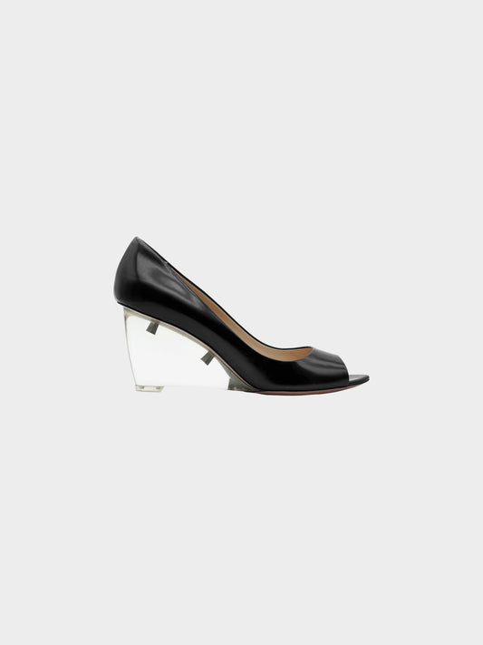 Prada SS 2010 Black Leather Plexiglass Wedge Heels