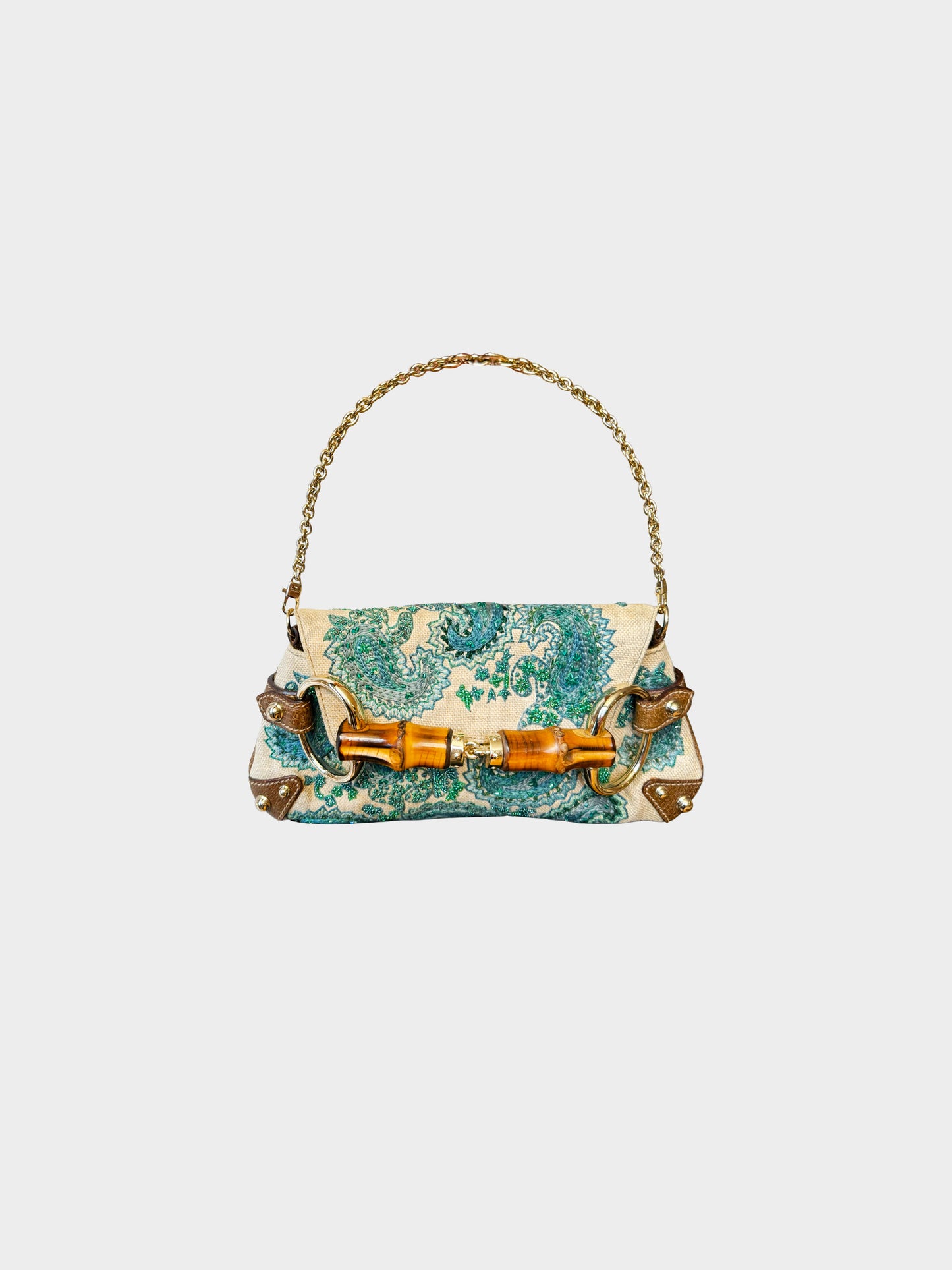 Gucci by Tom Ford 1995 Embroidered Paisley Canvas and Leather Bamboo Horsebit Bag