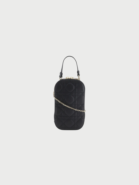 Christian Dior 2020s Black Lambskin Cannage Phone Holder Shoulder Bag