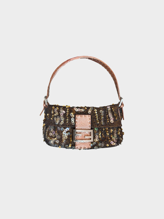 Fendi 2000s Beads and Sequins Pink Leather Selleria Baguette Bag