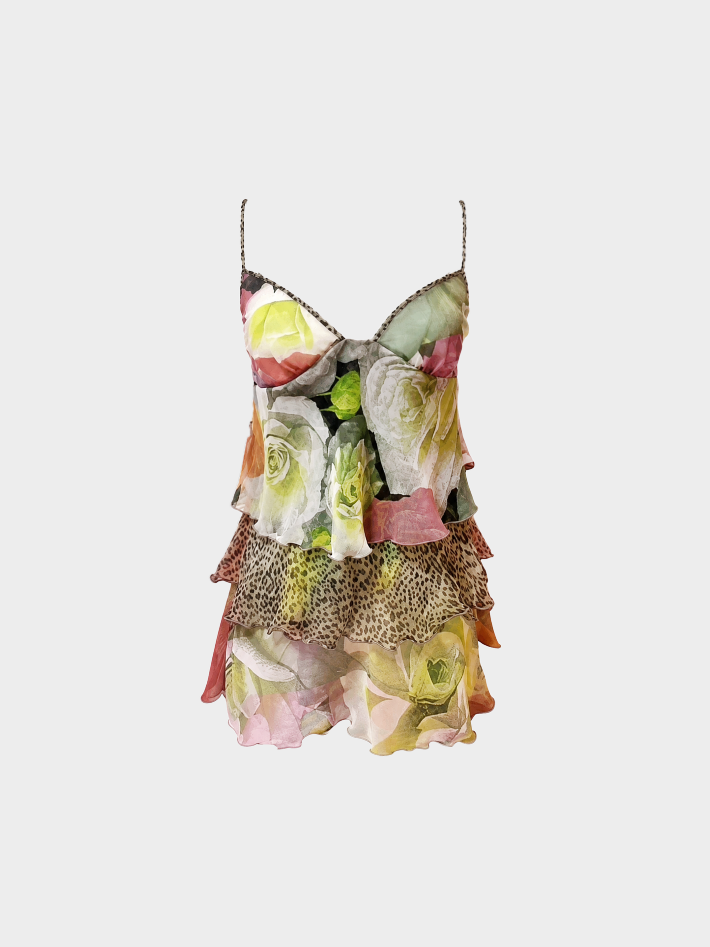 Roberto Cavalli 2000s Multicolor Floral Leopard Silk Tiered Ruffle Camisole Top