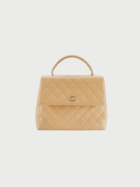 Chanel 2000s Beige Caviar Leather Matelassé Top Handle Bag
